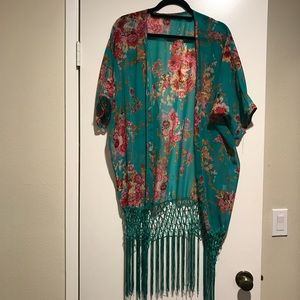 OS kimono, turquoise with pink florals